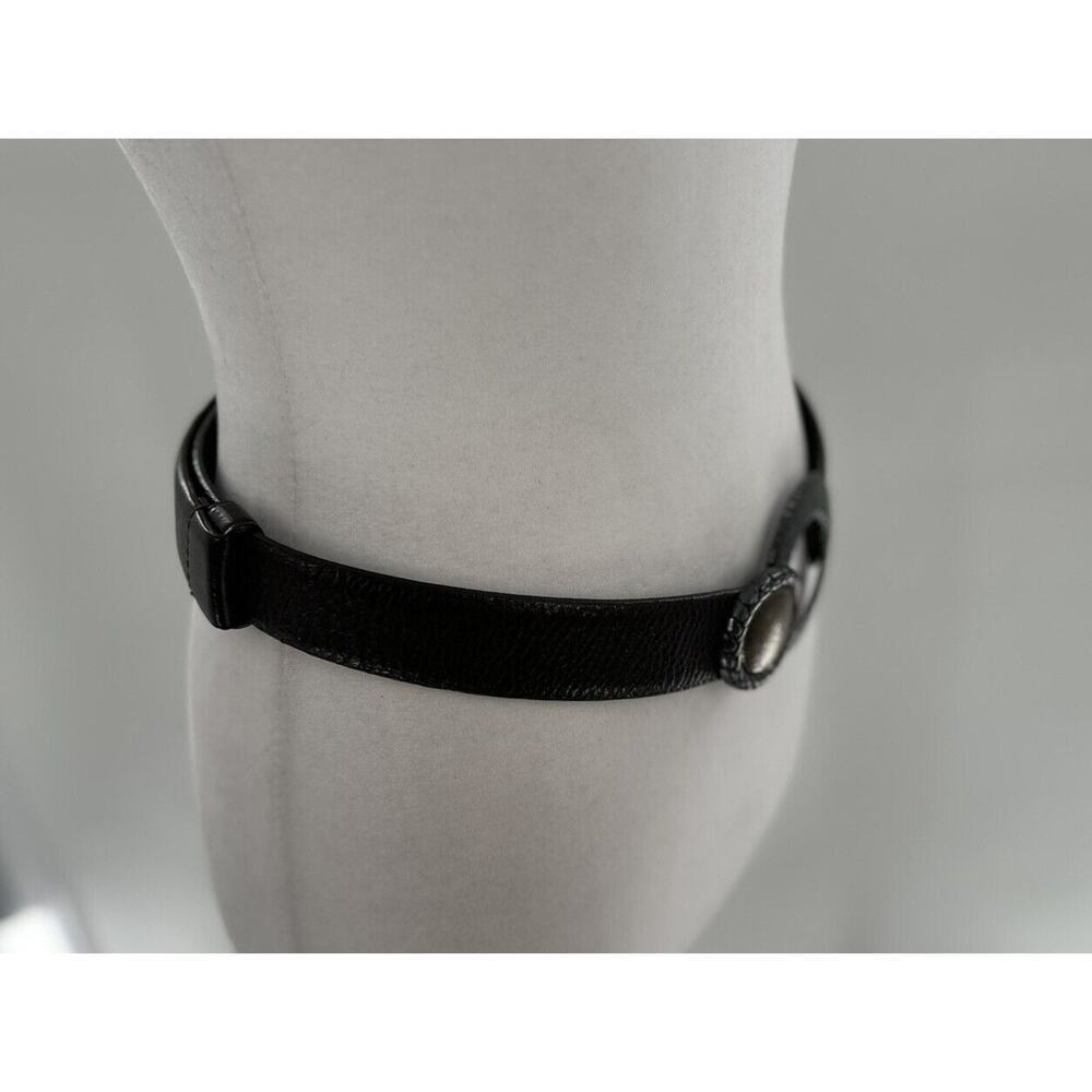 Chico's Belt Adjustable Brown Leather Hook Silver Gold Tone Big Buckle Statement - Picture 5 of 13